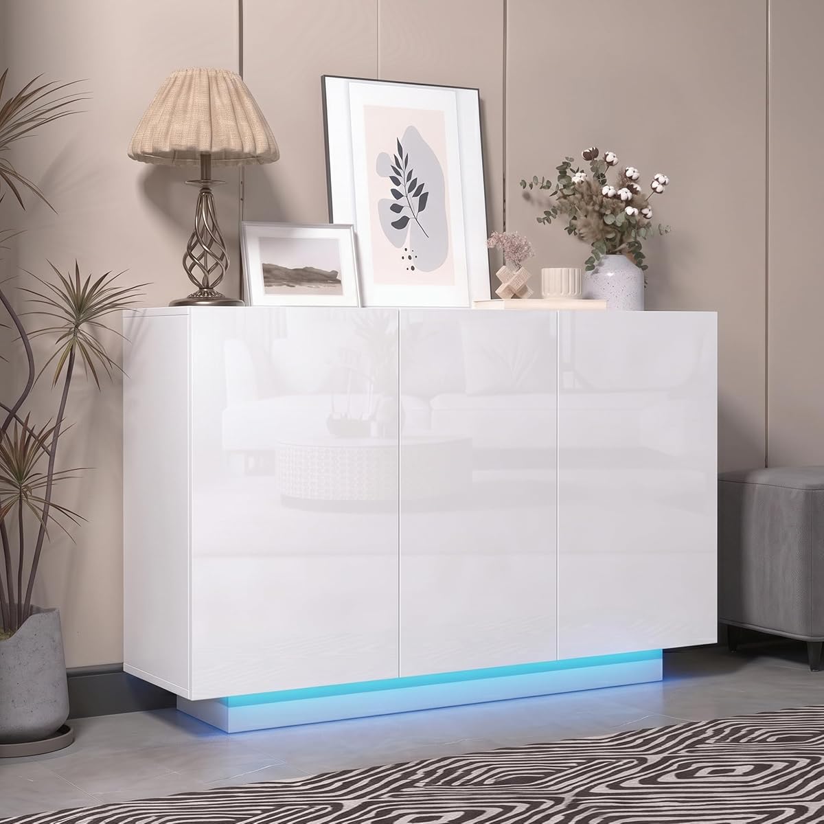 Modern 39.4" High Gloss Buffet Cabinet with LED Lights, White