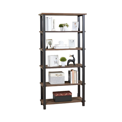 Pomona Living Room 6-Tier Solid Wood Bookcase with Metal Frame – Rustic Industrial Modern Wood and Metal Bookshelf for Home Office, Living Room, or Bedroom Storage