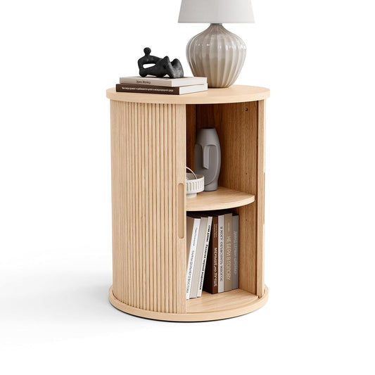 Round Fluted End Table, Tall Side Table with Sliding Tambour Door and Storage Shelf, Modern Bedside Table, Mid-Century Nightstand for Living Room, Bedroom, Oak