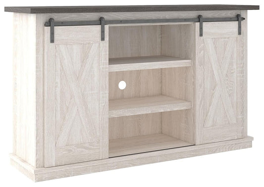 Signature Design by Ashley Dorrinson Farmhouse TV Stand Fits TVs up to 50" with Sliding Barn Doors and Storage Shelves, Whitewash & Gray