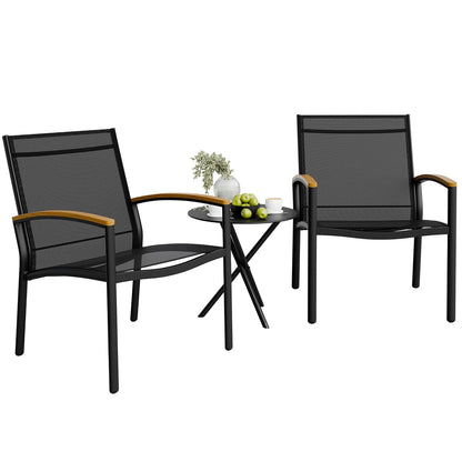 3 Pieces Patio Bistro Sets, Outdoor Textilene Fabric Conversation Bistro Set, Textilene Fabric Front Porch Chairs Small Patio Furniture Set with Table for Lawn,Garden,Balcony (Black)
