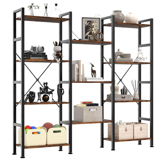 Triple Column 4 Tier Bookshelf with Adjustable Shelves, Wide Convertible Display Unit, Industrial Bookcase for Living Room & Home Office, Sturdy Freestanding Storage Decor Organizer, Rust