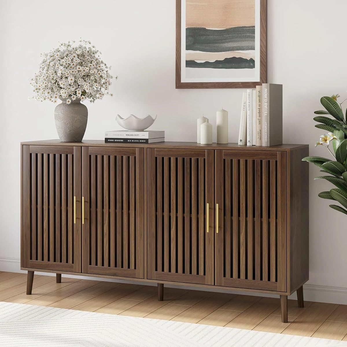 63" Long Sideboard Buffet with 4 Slatted Doors