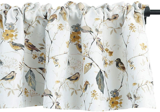Gray Birds Valance for Kitchen Windows Floral Print Window Shades Rod Pocket