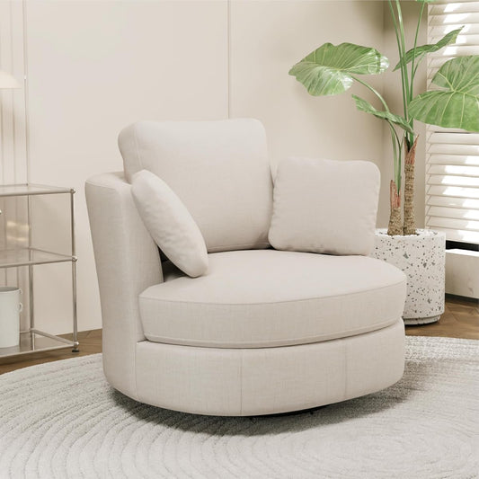 40.6" Oversized Swivel Accent Chair, Upholstered Round Barrel Chair with Pillows Swivel Chairs for Living Room Bedroom,Chenille,Beige