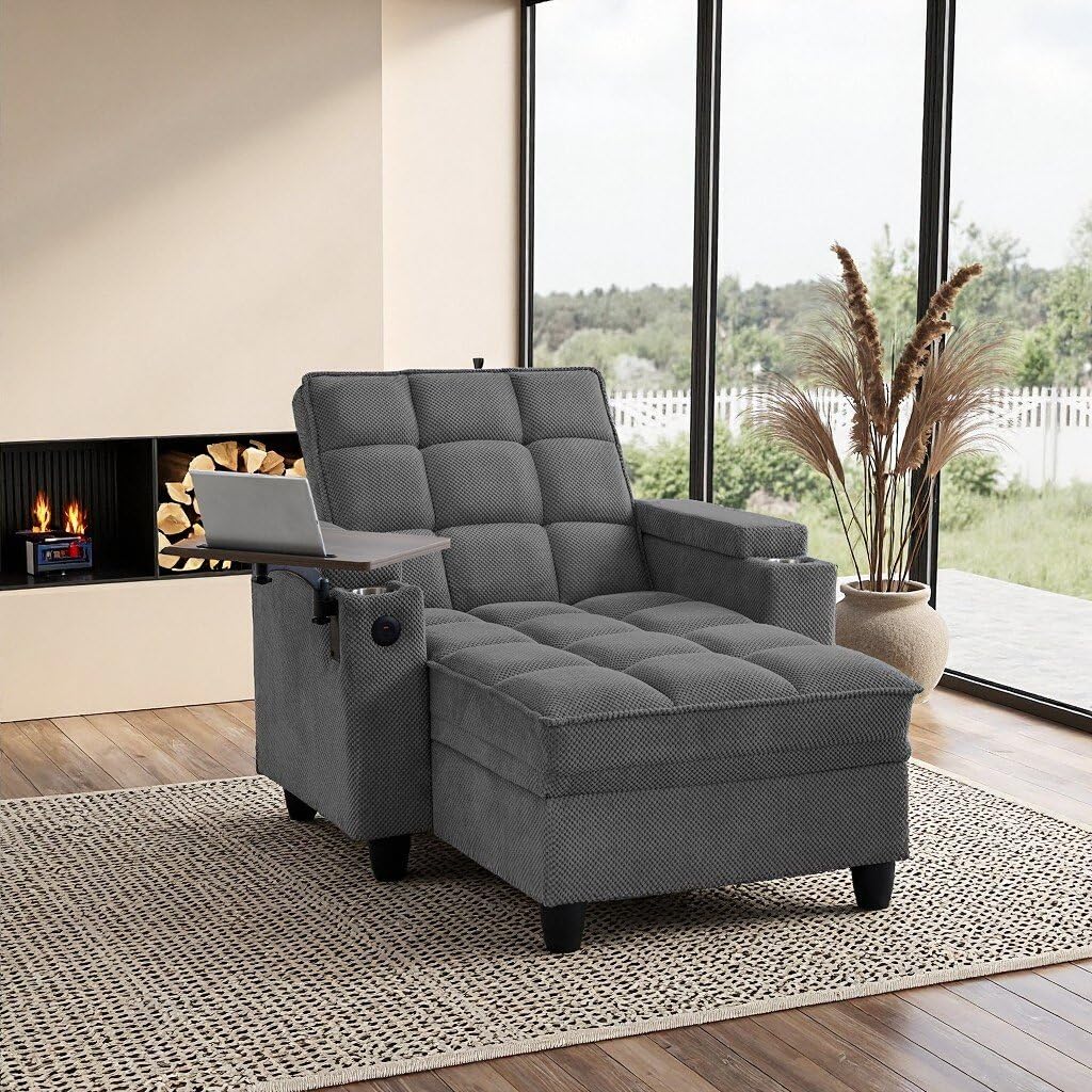 oaaktu Modern Tufted Linen Fabric Chaise Lounge Sofa Chair with Rotating Side