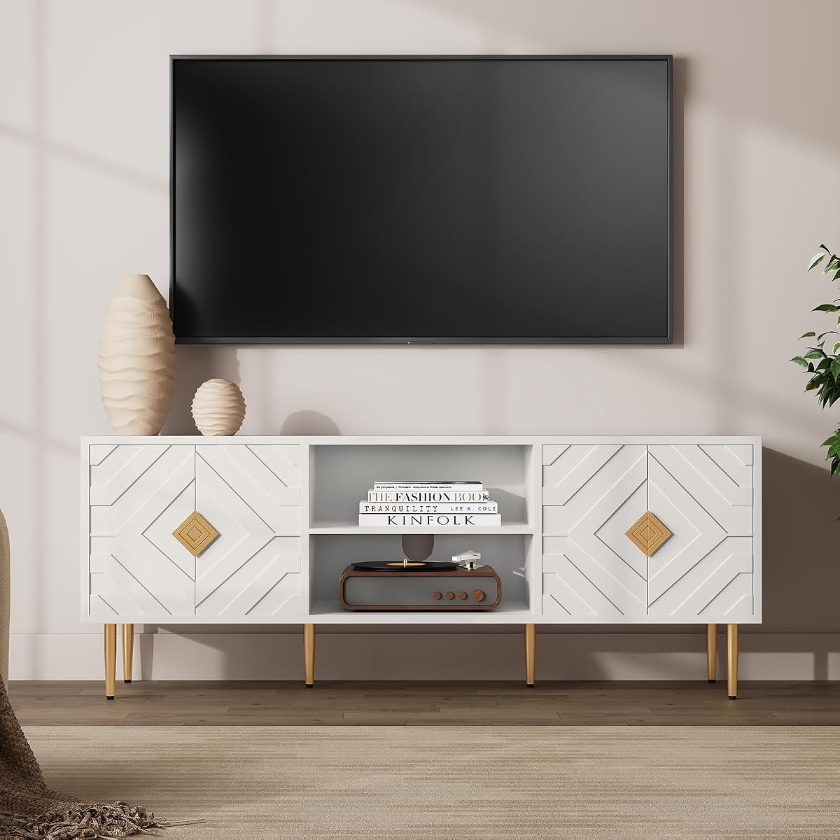 63'' White TV Stand for 65/70/75 inch TV, Entertainment Center with Storage Cabinets and Embossed Pattern Doors, Mid Century Modern Media TV Console Table for Living Room Bedroom