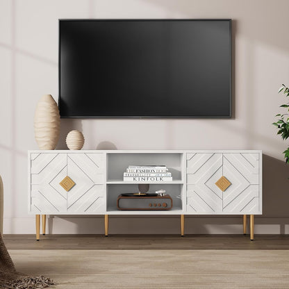 63'' White TV Stand for 65/70/75 inch TV, Entertainment Center with Storage Cabinets and Embossed Pattern Doors, Mid Century Modern Media TV Console Table for Living Room Bedroom