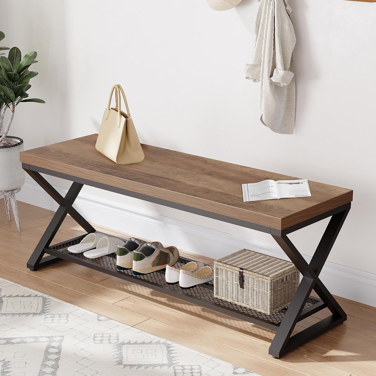 Entryway Bench, Indoor Shoe Bench with Storage and Seating, Wood Metal Storage Bench for Bedroom Living Room, Farmhouse Shoe Rack Bench for Sitting in Hallway Foyer Entrance, Rustic Oak, 47 inch
