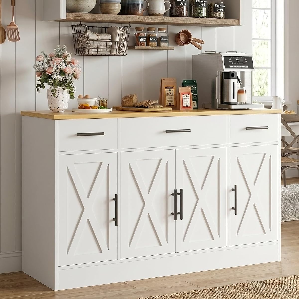53” Buffet Cabinet with Storage, Kitchen Coffee Bar, White