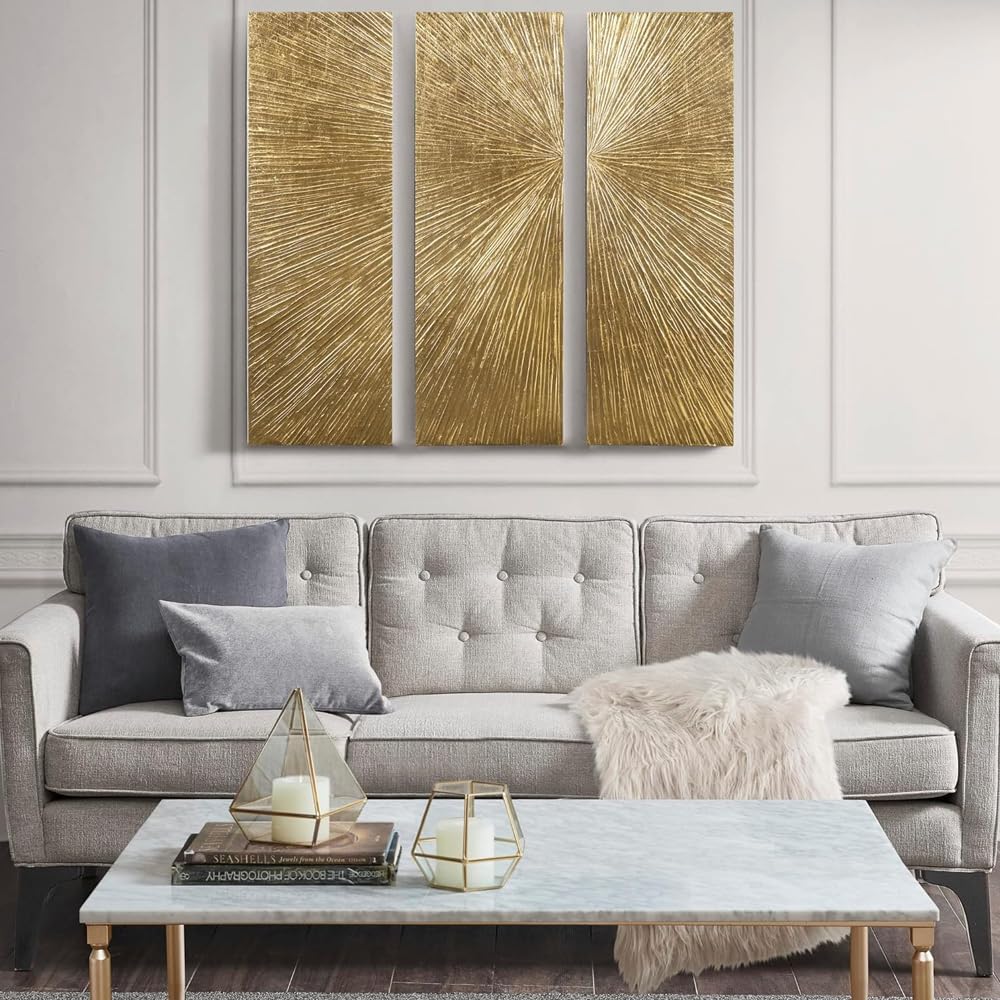 3-pc Modern Sunburst Design Wall Art Set Pictures Resin Dimensional Radiant for Home Decor Decoration Easy Hanging, 15" W X 45" H X 1.25" D