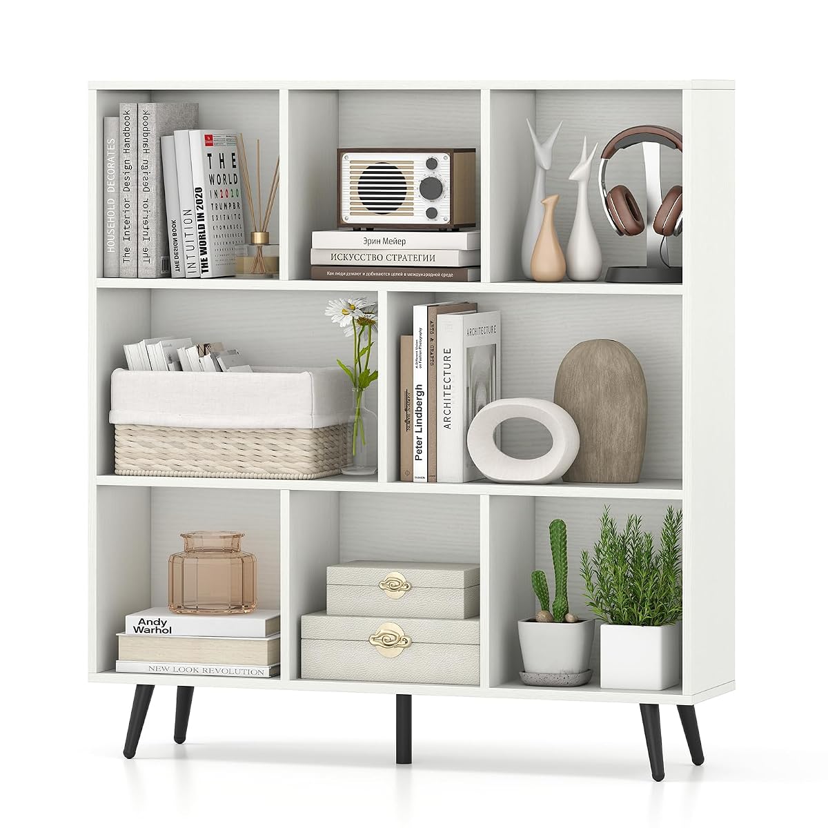 8-Cube Bookcase, 3-Tier Modern Bookshelf with 5 Metal Legs, 39.5" Freestanding Open Storage Organizer with 2 Anti-tip Devices, Mid-Century Display Rack for Living Room (39.5" x 9.5" x 42")