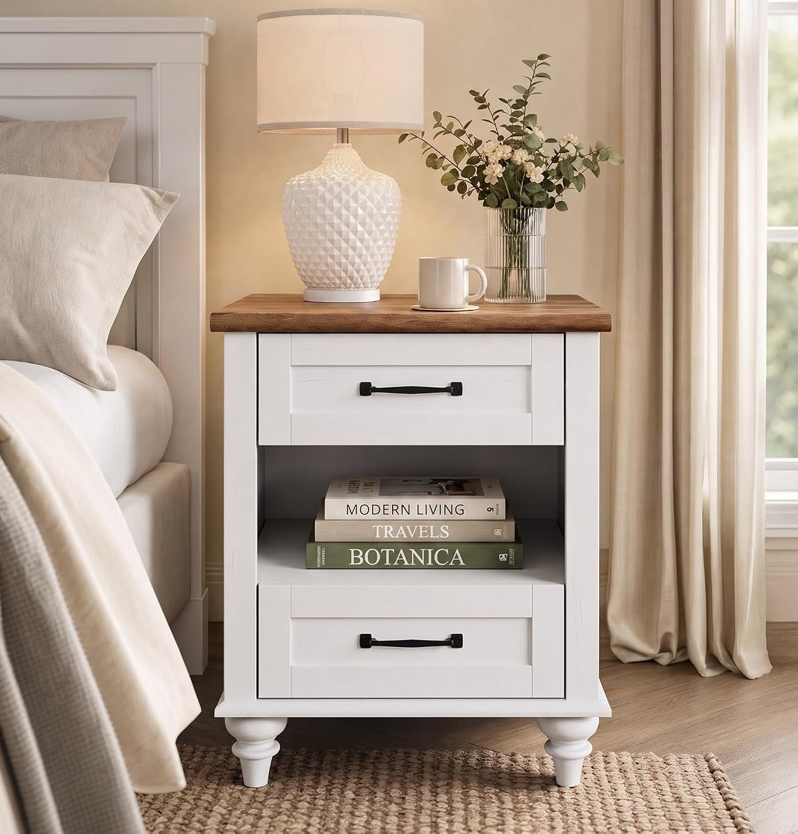 White Side Table with 2 Drawers, Night Stand with Charging Station