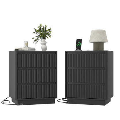 (Set of 2) End Table with Fast USB C Charging Station, Sofa Side Table with 3Drawers, Large Storage Modern Wood Storage Cabinet for Living Room,Bedroom,Office, Black