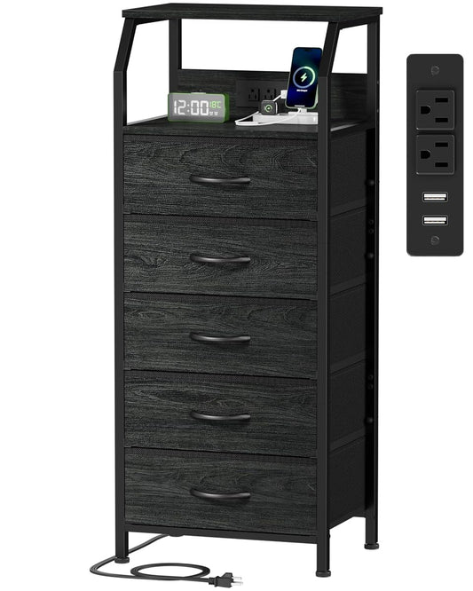 5 Drawers Dresser with Charging Station, Fabric Chest of Drawers with Open Shelf, Tall Night Stand, Bedside Table for Closet, Entryway, Bedroom Furniture, 3 Ways to Use, Black Oak