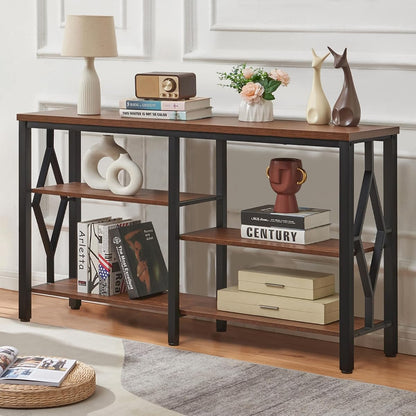 Console Sofa Table, Rustic Entryway Table with Metal Frame and Open Shelves, Industrial Hallway Table with 3 Tier for Entry, Living Room, Foyer,Brown,47 inch