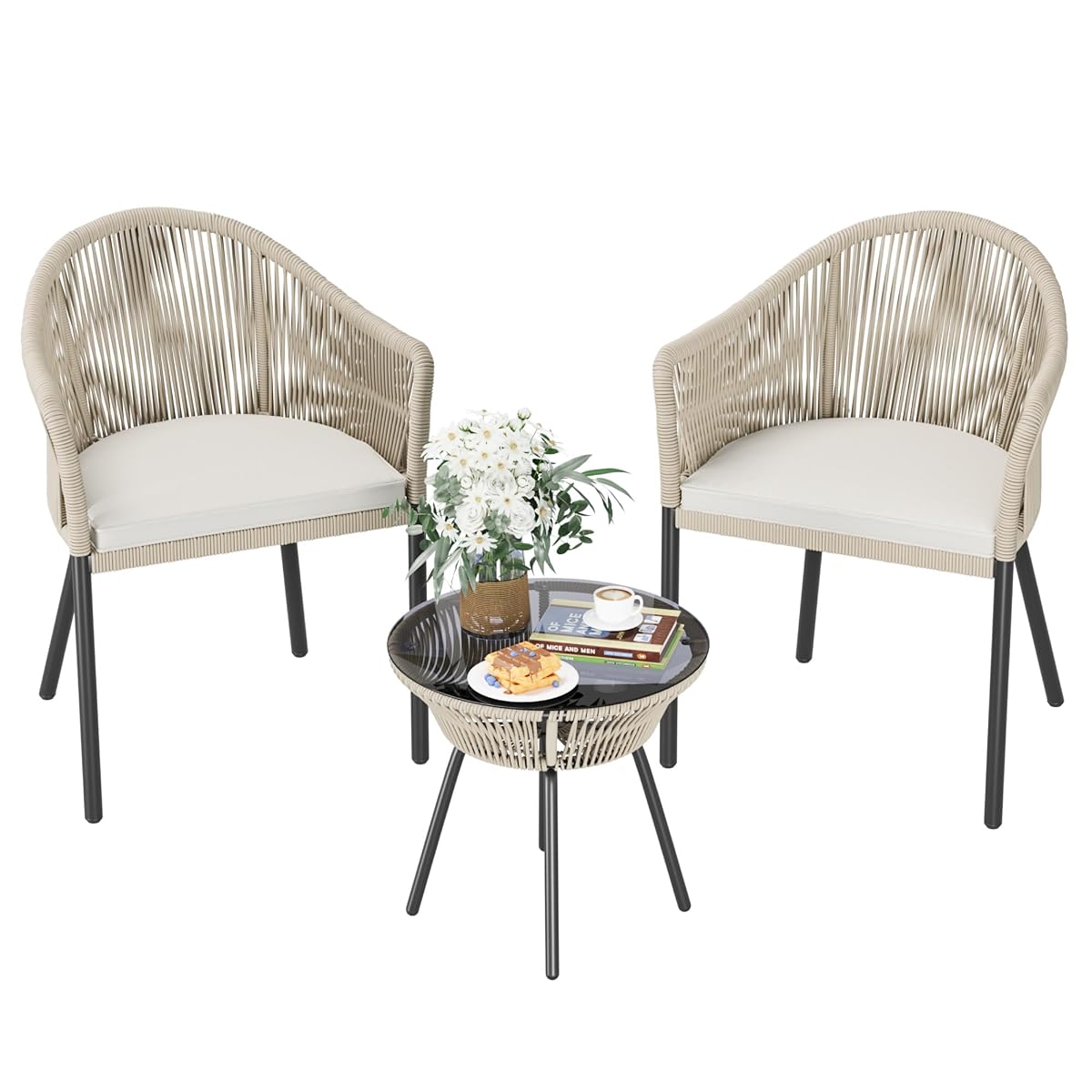 Patio Furniture Set 3 Pieces Rope Woven Bistro Set Outdoor Conversation Set with 2 Wide Chairs,Cushions and Tempered Glass Table for Balcony Porch Backyard Garden Poolside