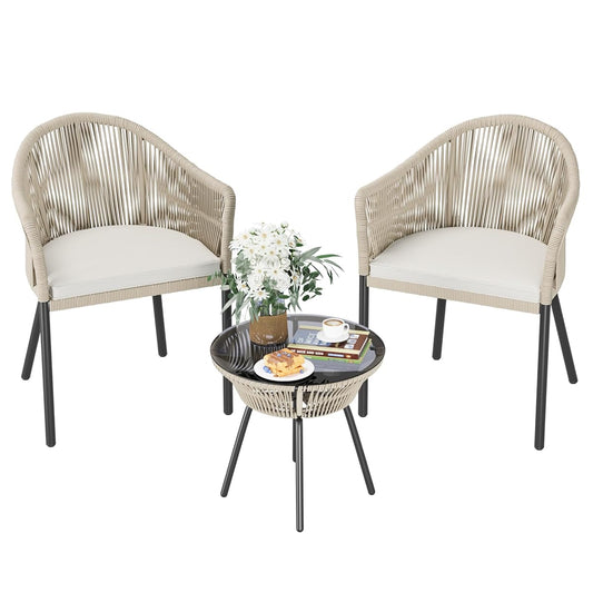 Patio Furniture Set 3 Pieces Rope Woven Bistro Set Outdoor Conversation Set with 2 Wide Chairs,Cushions and Tempered Glass Table for Balcony Porch Backyard Garden Poolside