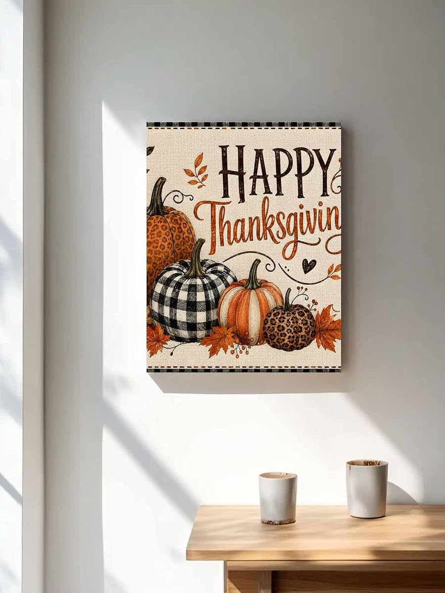 NuYeBiofx Happy Thanksgving Words Canvas Wall Art Prints,30"x20" Framed Picture Artwork Leopard Patterned Pumpkin Printed Canvas Oil Painting for Living Room Bedroom Office,Ready to Hang