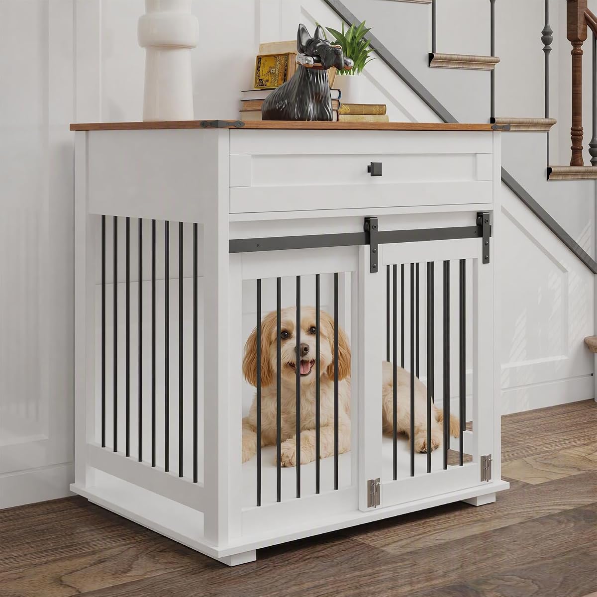 31.5” Dog Crate Furniture, Farmhouse Wooden Indoor Dog Kennel with Drawer
