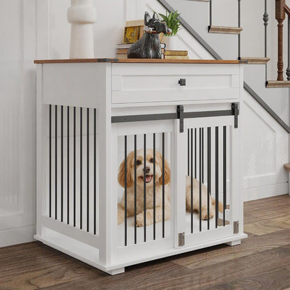 31.5” Dog Crate Furniture, Farmhouse Wooden Indoor Dog Kennel with Drawer