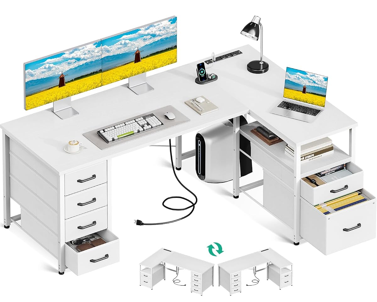 55 Inch L Shaped Office Desk with 6 Drawers, Power Outlet, White
