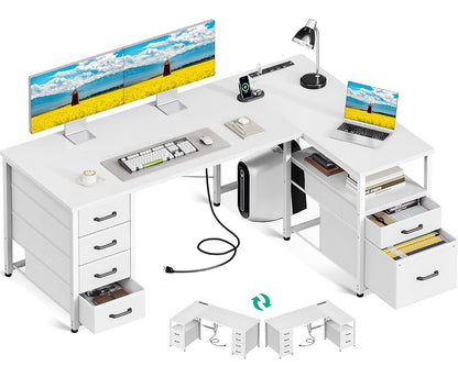 55 Inch L Shaped Office Desk with 6 Drawers, Power Outlet, White