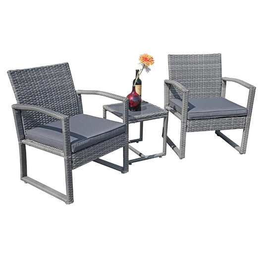 3 Piece Outdoor Patio Furniture Conversation Set, Rattan Chair Set With Coffee Table, For Garden, Balcony, Backyard, Poolside (Dark Grey)
