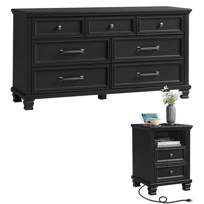 Farmhouse Dresser and Nightstand Sets 2 Piece, 7 Drawer Dresser & 2 Drawer Nightstand Set, Rustic Wood Bedroom Furniture Set for Home, Bedroom, Hallway, Black