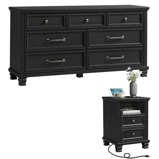 Farmhouse Dresser and Nightstand Sets 2 Piece, 7 Drawer Dresser & 2 Drawer Nightstand Set, Rustic Wood Bedroom Furniture Set for Home, Bedroom, Hallway, Black
