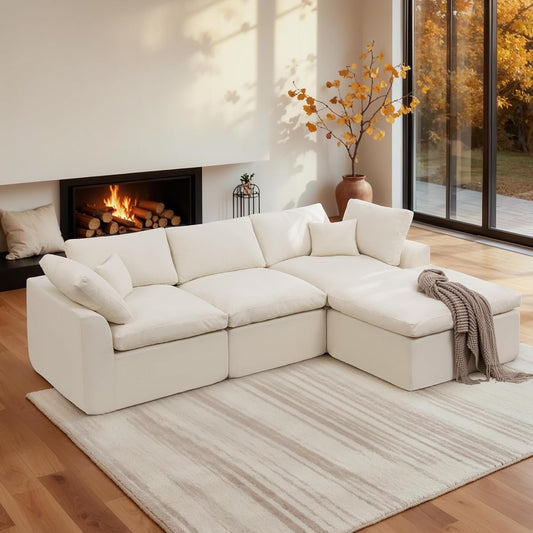 112" Cloud Sectional Couches for Living Room, Modern Modular Sectional Sofa with Ottoman, Boneless Cloud Couch with Comfy Deep Seats, Fluffy Chenille L-Shape Sofa Couch for Living Room, Beige