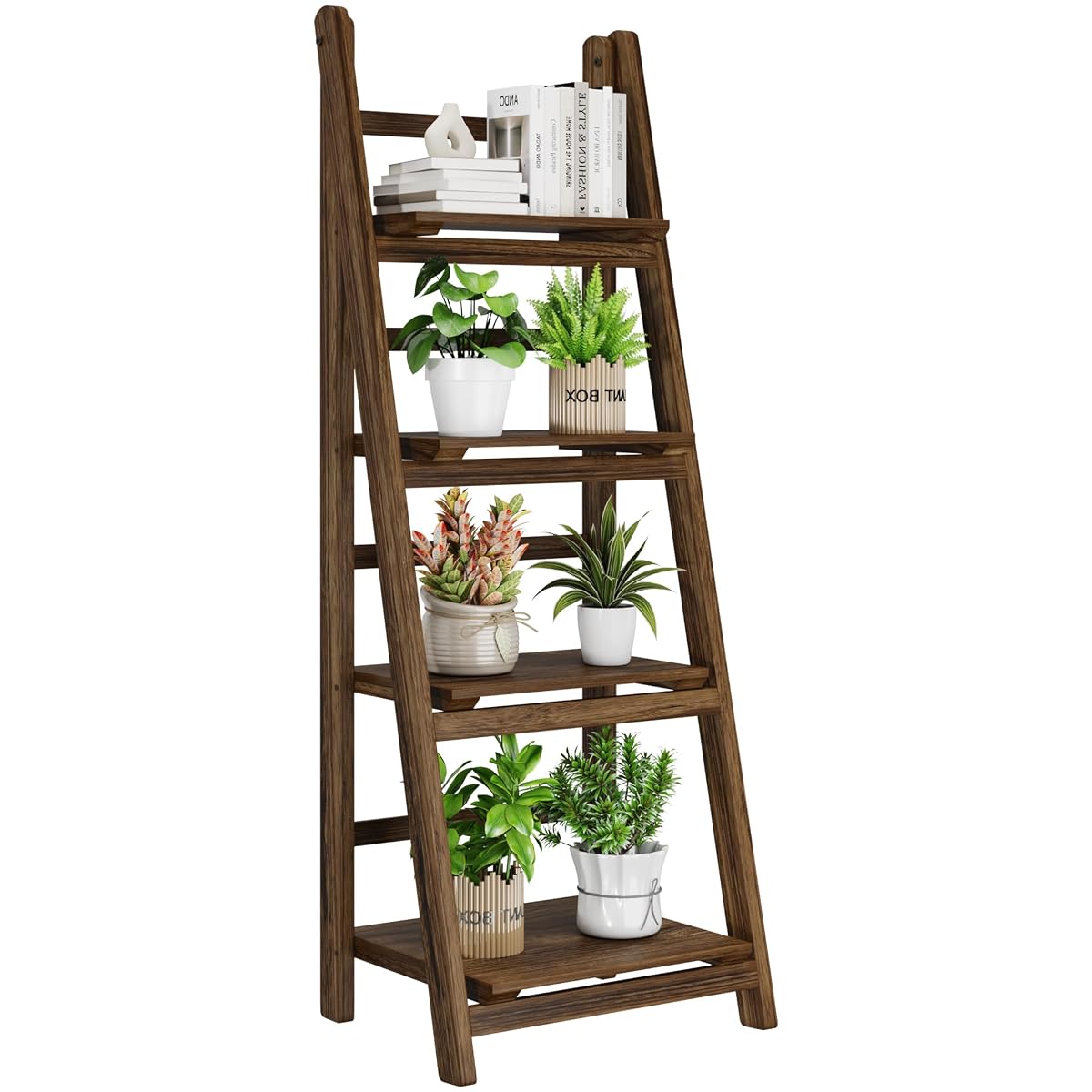 Ladder Shelf 4-Tier Foldable Solid Wood Bookshelf Plant Stand