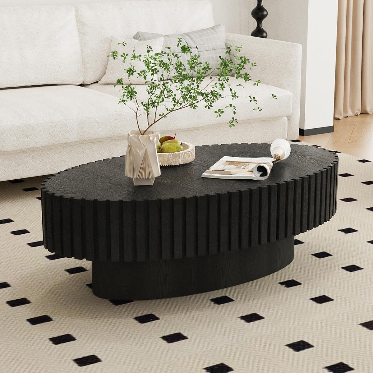 Oval Fluted Coffee Table Mid Century Modern Coffee Tables with Handcrafted Relief Ellipse Drum End Table Rustic Industrial Center Tables for Apartment Living Room (Black Oval)