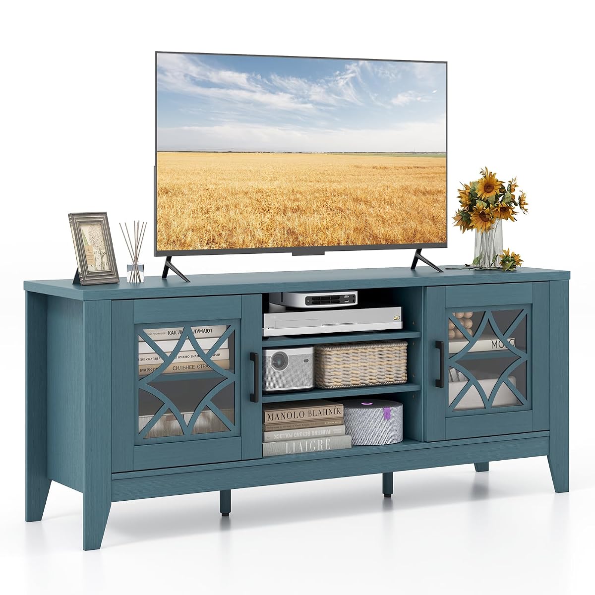 Farmhouse TV Stand for TVs Up to 65-in, Classic Media Entertainment Center w/Glass Door Cabinets & 4 Adjustable Shelves, Modern TV Console Table w/ 3 Cable Holes for Living Room (Teal Blue)