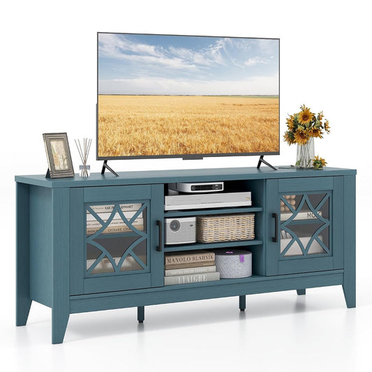 Farmhouse TV Stand for TVs Up to 65-in, Classic Media Entertainment Center w/Glass Door Cabinets & 4 Adjustable Shelves, Modern TV Console Table w/ 3 Cable Holes for Living Room (Teal Blue)