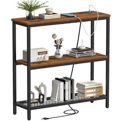Console Table with Power Outlets, Entryway Table with Storage, Narrow Sofa Table with 3 Tier Shelves, 2 USB Ports, 2 Power Outlets, Hallway Table for Couch, Living Room, Entrance