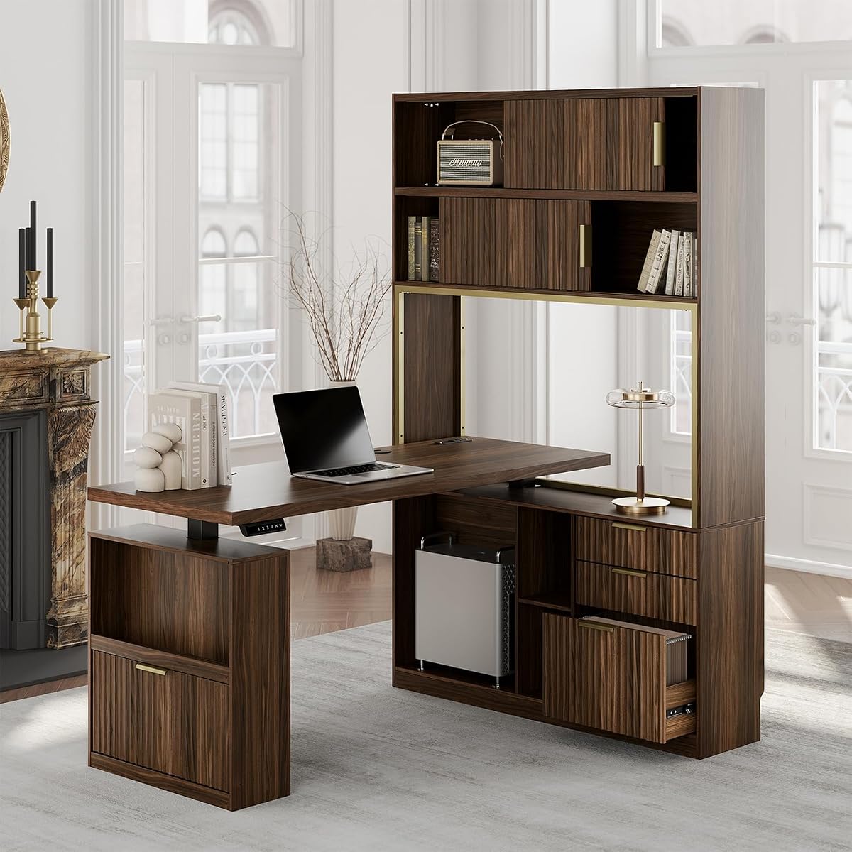 60'' L Shaped Standing Desk with Hutch, Black Walnut
