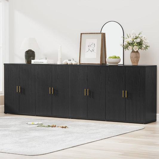 94.6" Black Fluted Sideboard Buffet Cabinet with Storage and 8 Doors