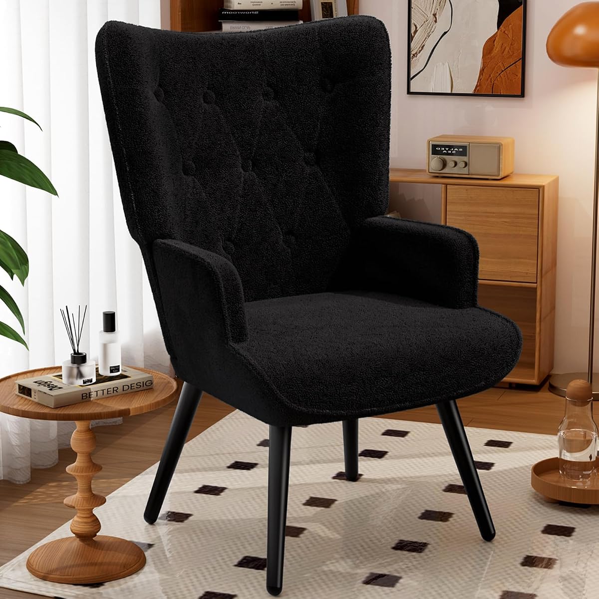 Accent Chair, Comfy Upholstered Teddy Fabric Armchair with Metal Legs, High Backrest Living Room Chair, Wingback Chair Mid Century Modern for Living Room/Vanity/Bedroom (1, Black) (1)