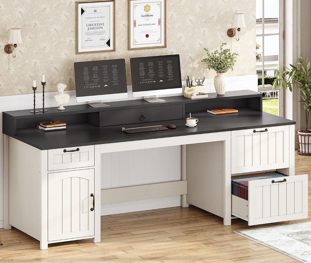 63" Farmhouse Executive Desk with Drawers and Storage, White + Black
