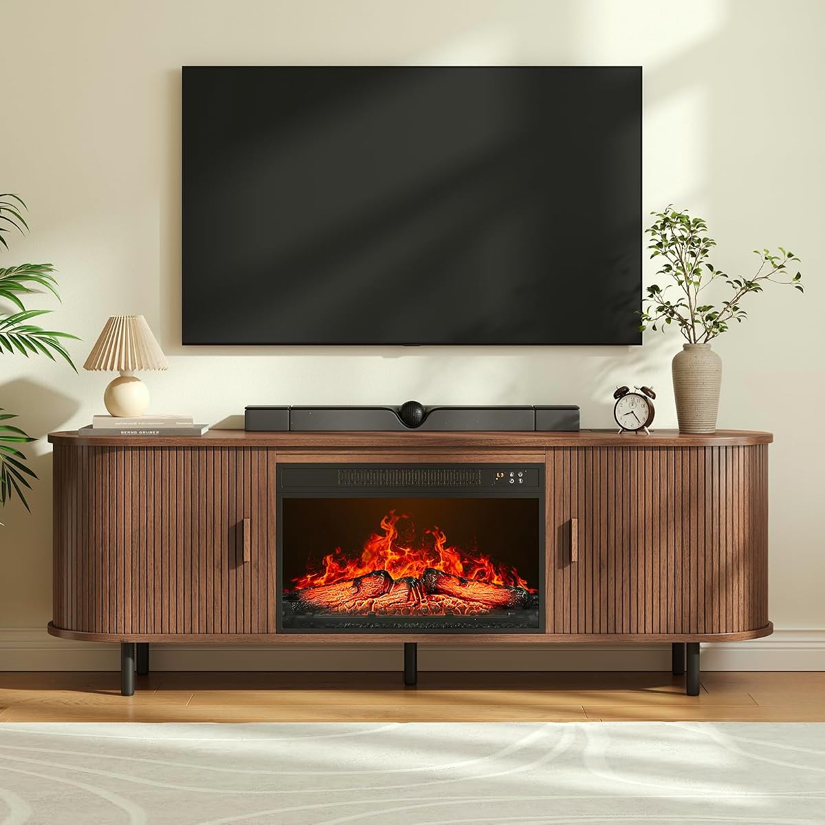 63" Fluted Fireplace TV Stand with 23" Electric Fireplace, Walnut