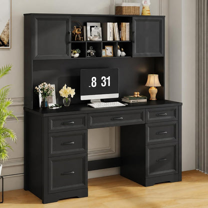 Farmhouse Executive Desk with 7 Drawers and Storage Cabinet