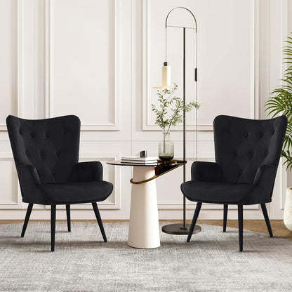 Accent Chairs Set of 2, Black Velvet Reading Armchairs with High Backrest, Wingback Corner Chairs - Mid Century Modern for Living Room, Bedroom, Waiting Room