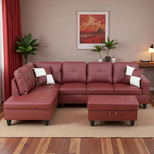 103.5" Sectional Couches for Living Room, Leather 4 Seat L Shaped Couch with Chaise, 3-Piece Modular Sofa with Storage Ottoman, Home Furniture Sets for Apartment Office, Dark Red