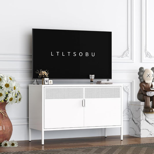 White metal storage cabinet TV stand with two doors