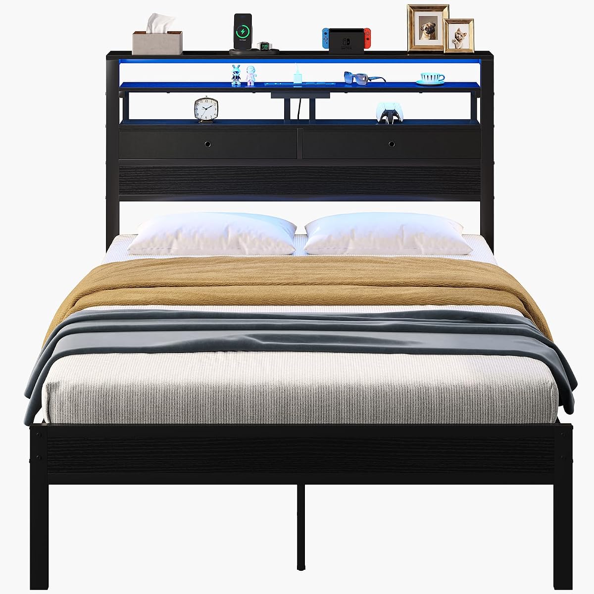 Queen LED Lighted Bed Frame with Storage, Black