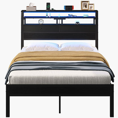 Queen LED Lighted Bed Frame with Storage, Black