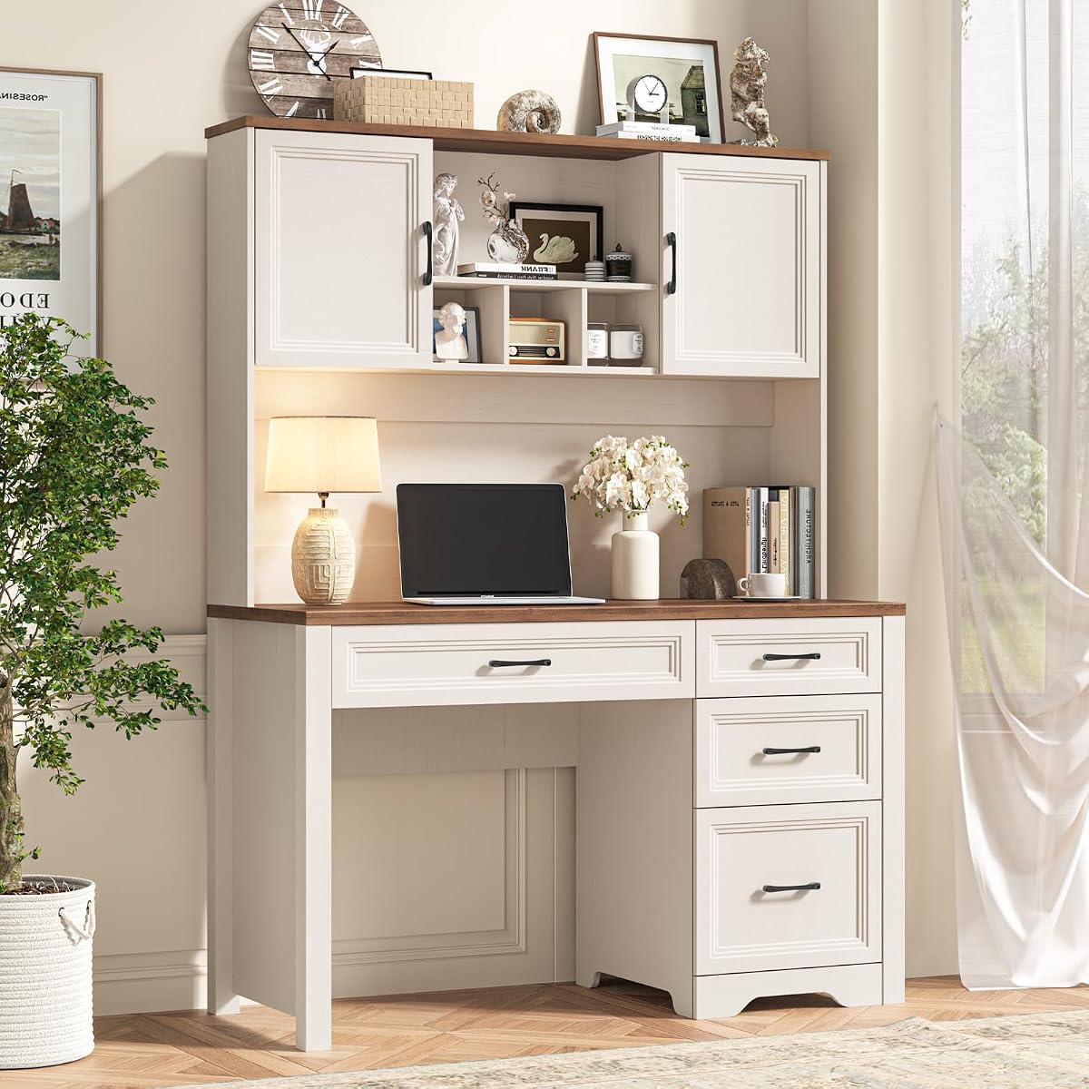 Farmhouse Executive Desk with 4 Drawers and Storage Cabinet
