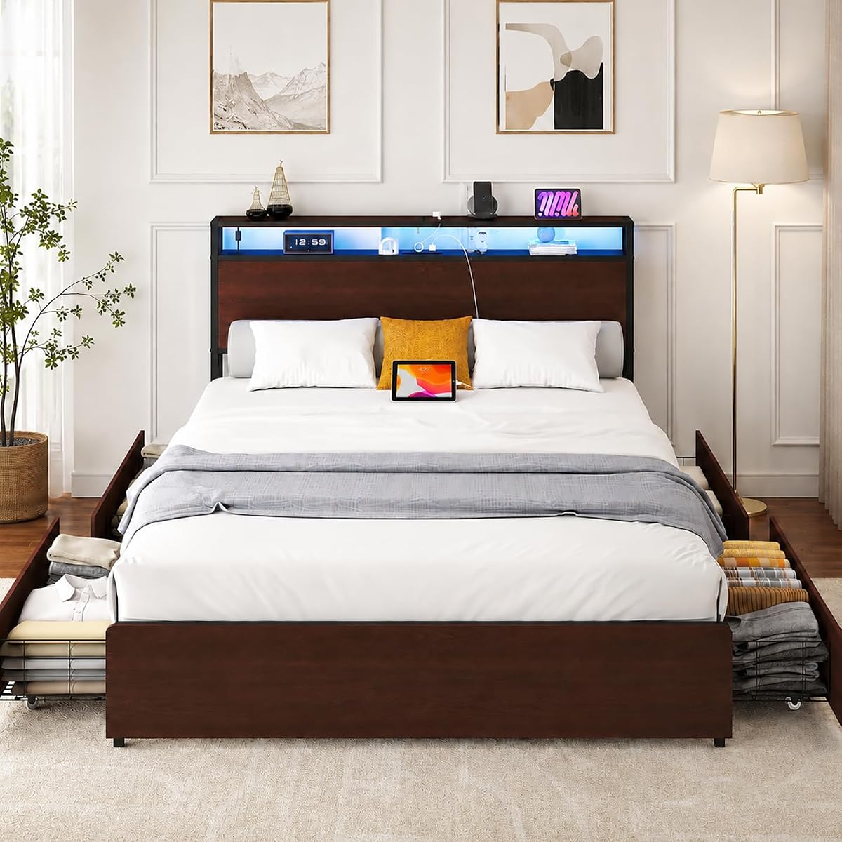 Queen Bed Frame with Storage and Charging Station, Metal Frame, USB Ports