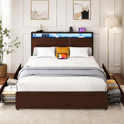 Queen Bed Frame with Storage and Charging Station, Metal Frame, USB Ports